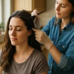 Žena farbí vlasy kamarátke v domácom prostredí.
