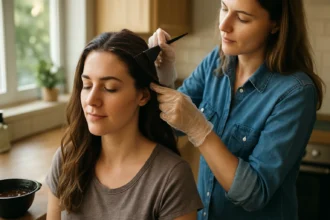 Žena farbí vlasy kamarátke v domácom prostredí.