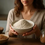 Žena drži misku s pohánkovou múkou, okolo sú zrná a iné múky.