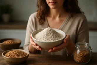 Žena drži misku s pohánkovou múkou, okolo sú zrná a iné múky.