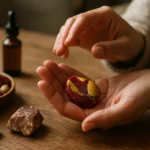Ruka drží mokait, prírodný kameň pre zdravie a vitalitu.