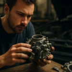 Mechanik skúma voľnobežnú trysku motora pre optimálny výkon.