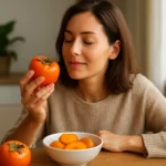 Žena si vychutnáva čerstvé kaki ovocie v kuchyni.