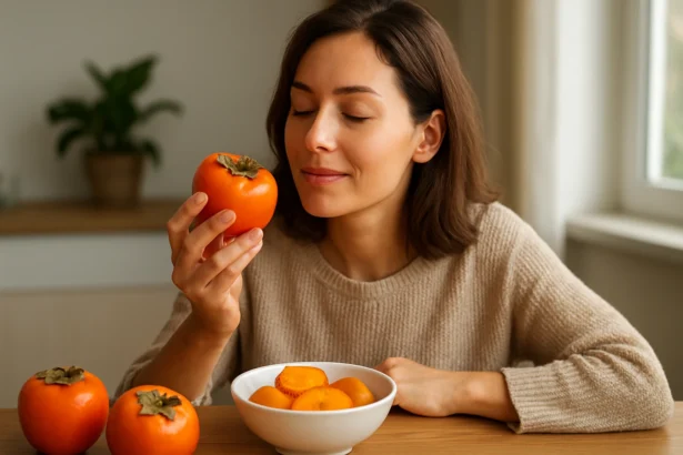 Žena si vychutnáva čerstvé kaki ovocie v kuchyni.