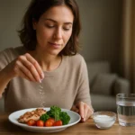 Žena posypáva soľ na zdravý tanier s kuracím mäsom a zeleninou.