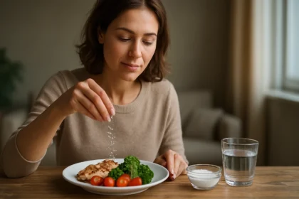 Žena posypáva soľ na zdravý tanier s kuracím mäsom a zeleninou.