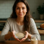 Žena drži misku s kvasnicami v kuchyni