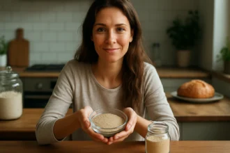 Žena drži misku s kvasnicami v kuchyni