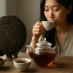 Žena vychutnáva pu-erh čaj z čajovej kanvice s okrúhlou formou čaju na stole.