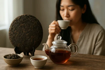 Žena vychutnáva pu-erh čaj z čajovej kanvice s okrúhlou formou čaju na stole.