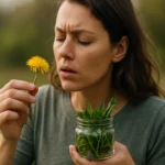 Žena s púpavou a bylinkami, objavujúca prírodné liečivé účinky.