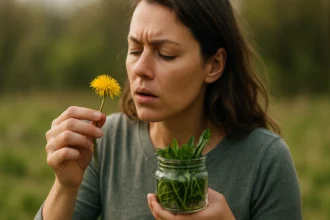 Žena s púpavou a bylinkami, objavujúca prírodné liečivé účinky.