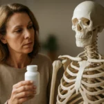 Žena drží liek a pozoruje kostru, znázorňujúc zdravie kostí.