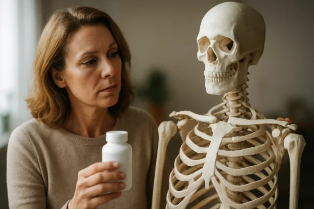 Žena drží liek a pozoruje kostru, znázorňujúc zdravie kostí.
