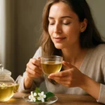 Žena vychutnávajúca si jazmínový čaj so zatvorenými očami