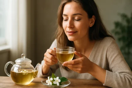 Žena vychutnávajúca si jazmínový čaj so zatvorenými očami