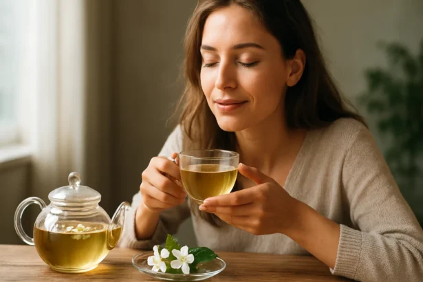 Žena vychutnávajúca si jazmínový čaj so zatvorenými očami