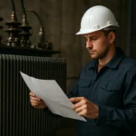 Muž s ochrannou prilbou skúma dokumenty pri transformátore.