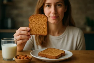 Žena drži plátok toastového chleba s mliekom a orechmi.