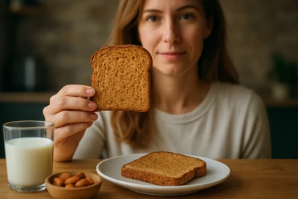 Žena drži plátok toastového chleba s mliekom a orechmi.