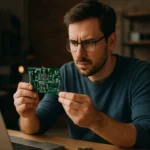 Muž skúma elektronickú dosku pri počítači, zaujíma sa o moderné technológie.