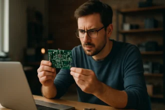 Muž skúma elektronickú dosku pri počítači, zaujíma sa o moderné technológie.