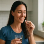 Žena sa usmieva a berie glycín s pohárom vody.