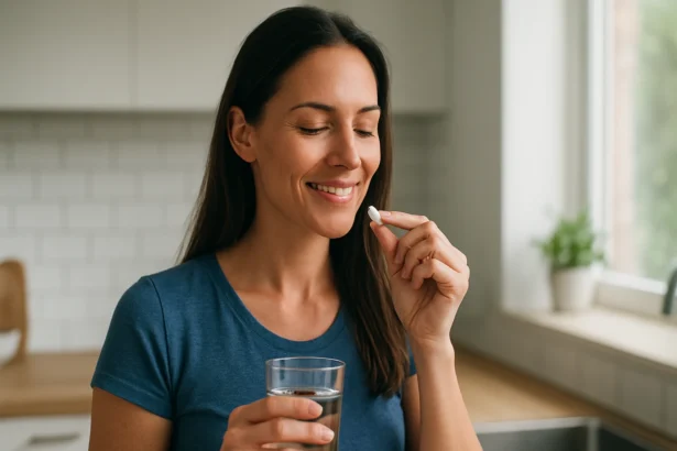 Žena sa usmieva a berie glycín s pohárom vody.