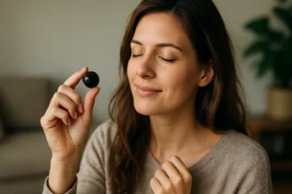 Žena drží čierny spinel, symbole vitality a ochrany, so zatvorenými očami.