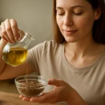 Žena nalejúca ľanový olej do misky so semienkami.