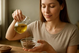 Žena nalejúca ľanový olej do misky so semienkami.