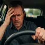 Osoba za volantom pociťujúca stres a bolesti hlavy z rýchlej jazdy.