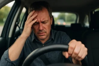 Osoba za volantom pociťujúca stres a bolesti hlavy z rýchlej jazdy.