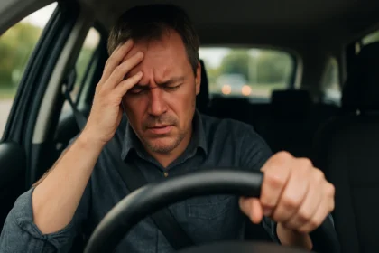 Osoba za volantom pociťujúca stres a bolesti hlavy z rýchlej jazdy.