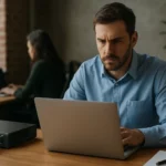 Muž pracuje na laptopu pri sieťovom zariadení v kancelárii.