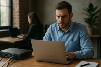 Muž pracuje na laptopu pri sieťovom zariadení v kancelárii.