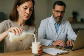 Žena nalieva mlieko do pohára, zatiaľ čo odborník pracuje na laptope.