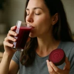 Žena pije cviklový džús a drží cviklu v ruke.