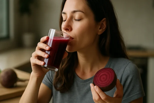 Žena pije cviklový džús a drží cviklu v ruke.
