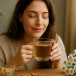 Žena si užíva harmančekový čaj v pokojnej atmosfére.