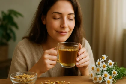 Žena si užíva harmančekový čaj v pokojnej atmosfére.