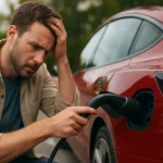 Muž frustrovaný pri nabíjaní elektrického auta