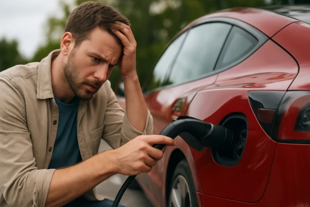 Muž frustrovaný pri nabíjaní elektrického auta