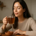 Žena si vychutnáva škoricový čaj pre lepšie zdravie a vitalitu.