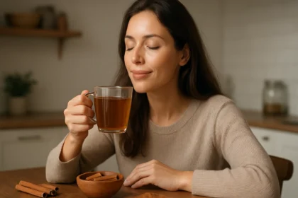Žena si vychutnáva škoricový čaj pre lepšie zdravie a vitalitu.