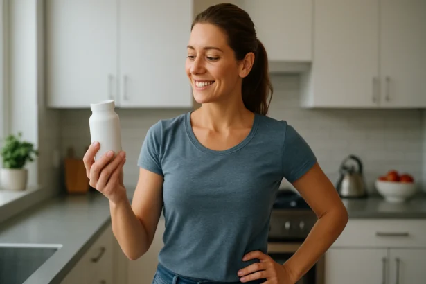 Žena sa usmieva a drží fľašu Litramine v kuchyni.