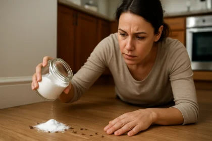 Žena posypáva jedlou sodu na podlahu, aby odstránila mravce.