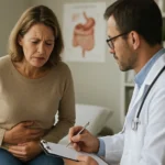 Lekár vyšetrujúci ženu s bolesťami brucha v ordinácii.