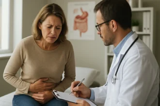 Lekár vyšetrujúci ženu s bolesťami brucha v ordinácii.