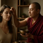 Tibetčan vykonáva rituál omladenia s ženou v zenovej atmosfére.